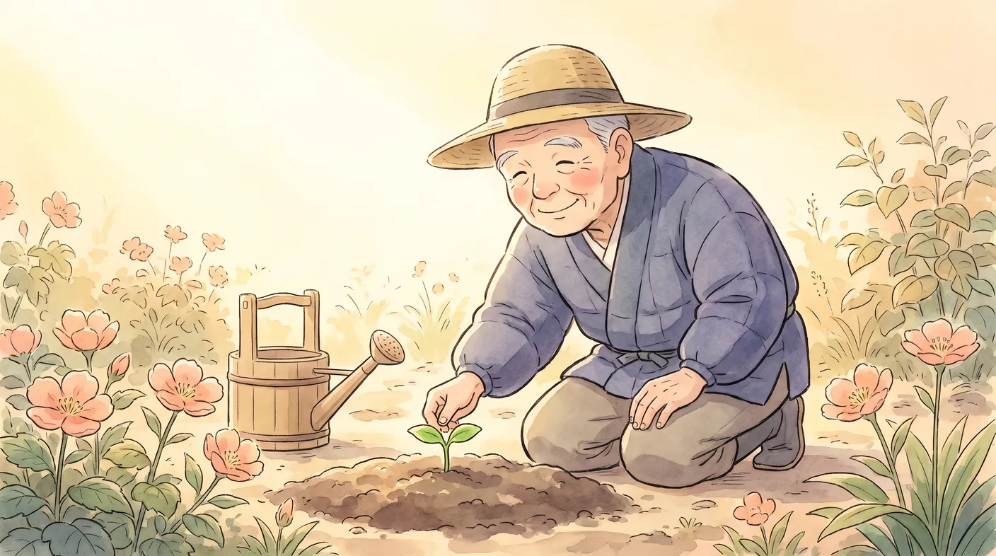 庭で、ちいさな新芽をやさしく育てる年配の男性。おだやかで希望のある情景