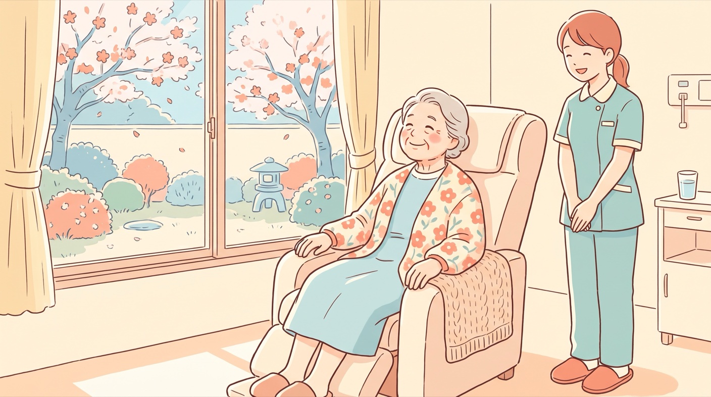 点滴を受けながら、窓の外の景色を眺めてくつろぐ年配の女性。そばに看護師がやさしく付き添っている