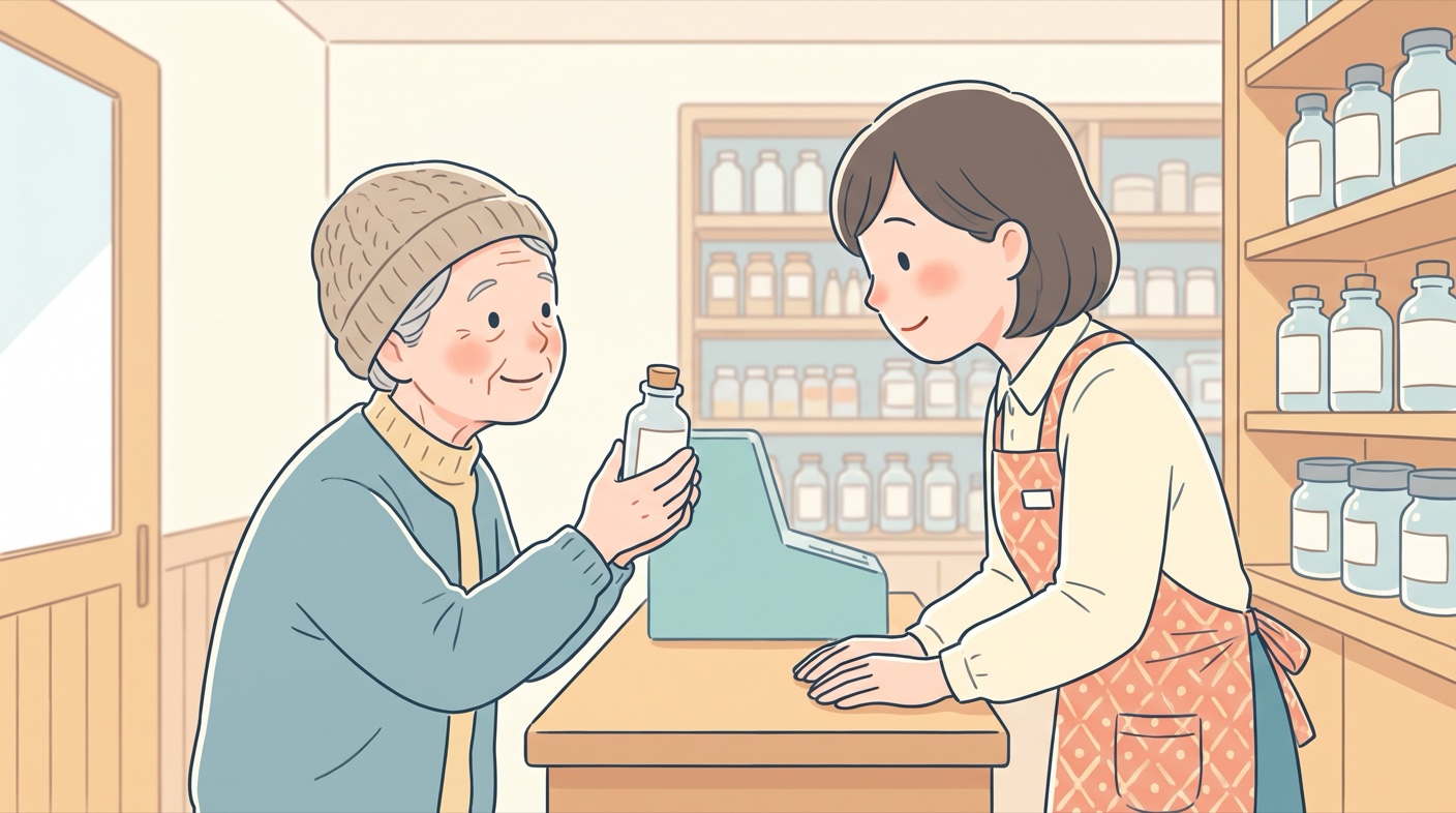 薬局の棚の前で、年配の女性が薬剤師にサプリのボトルを見せながら相談している