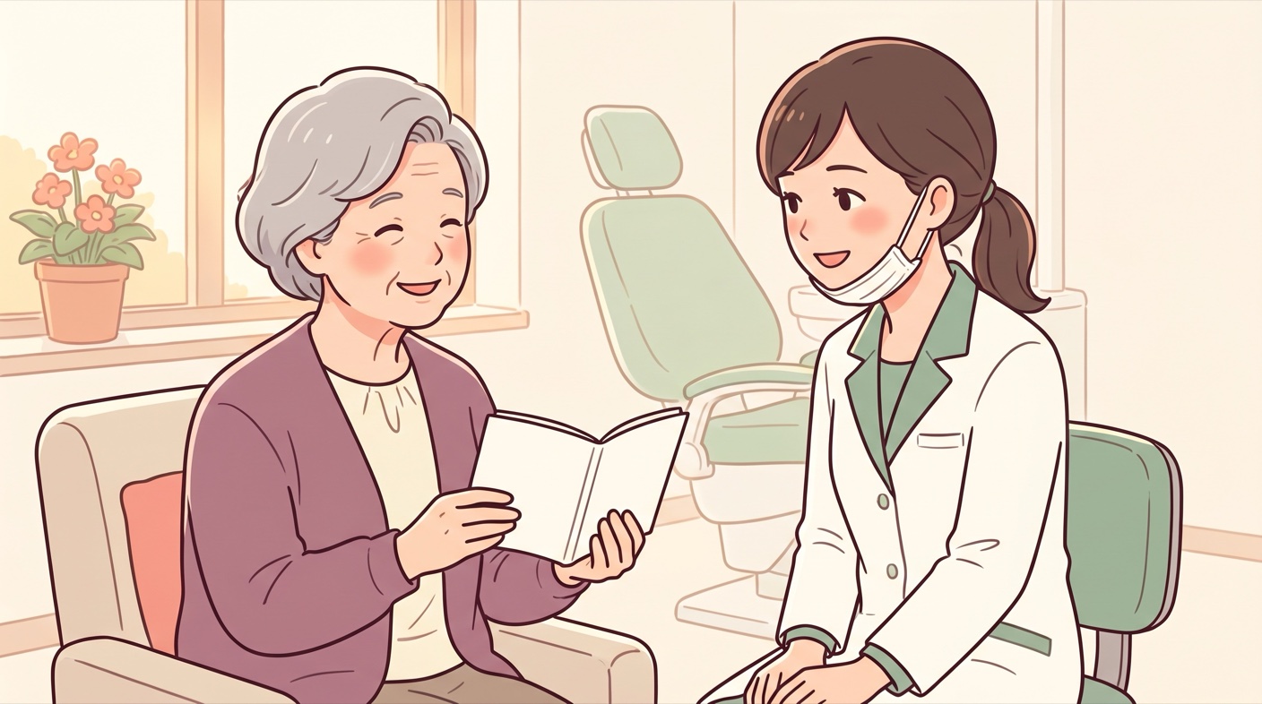 歯科の診察室で、年配の女性がお薬手帳を見せながら、歯科医とにこやかに相談している